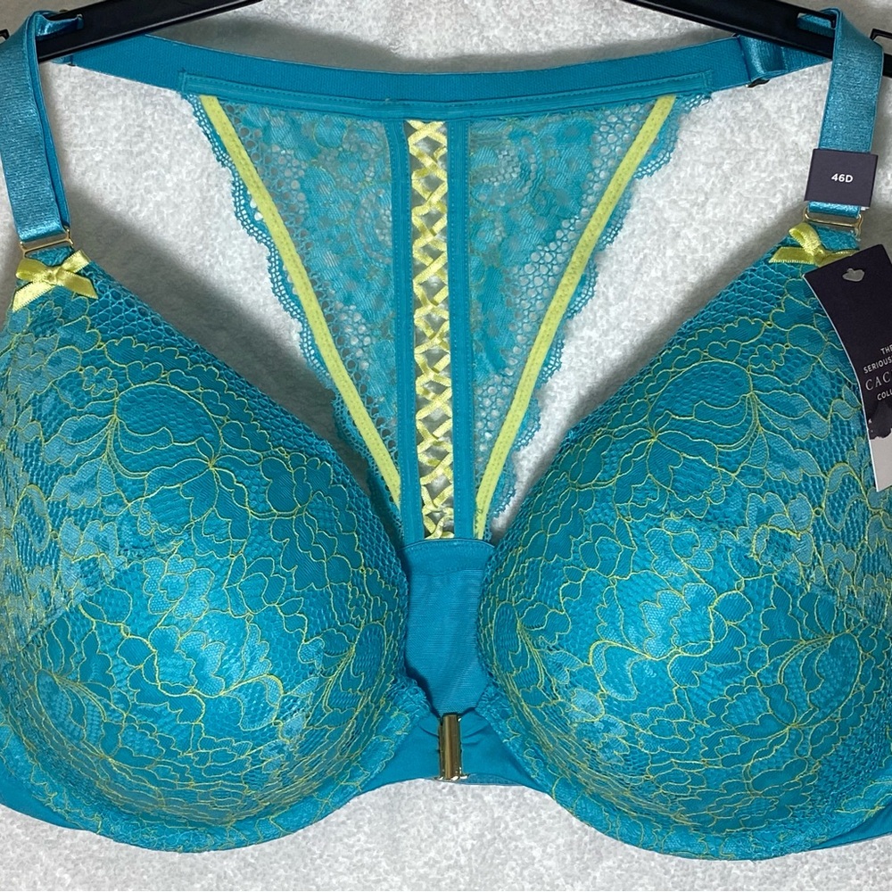 Cacique Plus Size 46D Front Close Boost Plunge Bra Blue Yellow Lace Racerback